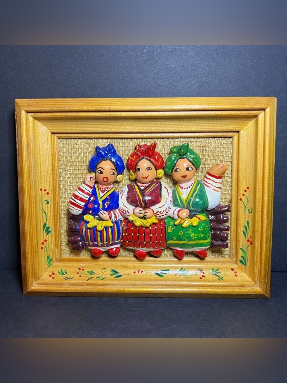 VTG 1990s Handcrafted 3D Slavic Ukranian Pottery Clay Women Folk Wall Art 7 x 9"
